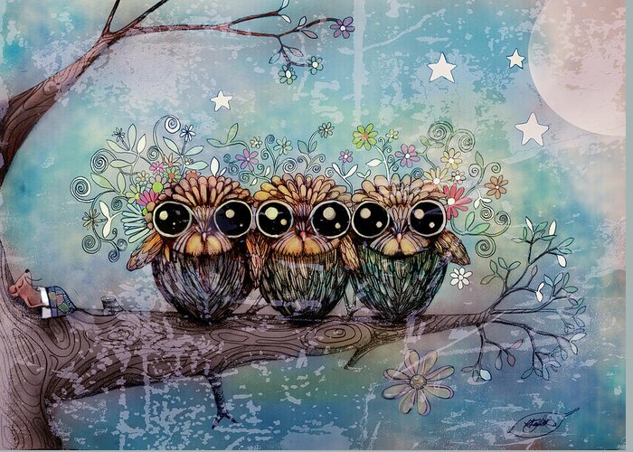 Three Little Night Owls Greeting Card featuring the painting Three Little Night Owls by Karin Taylor