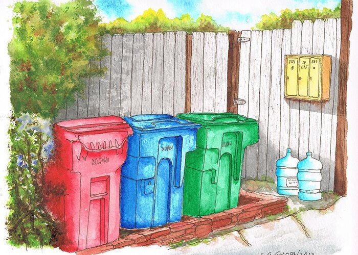 Mail Boxes Greeting Card featuring the painting Three Mail boxes and three trash cans, West Hollywood, California by Carlos G Groppa