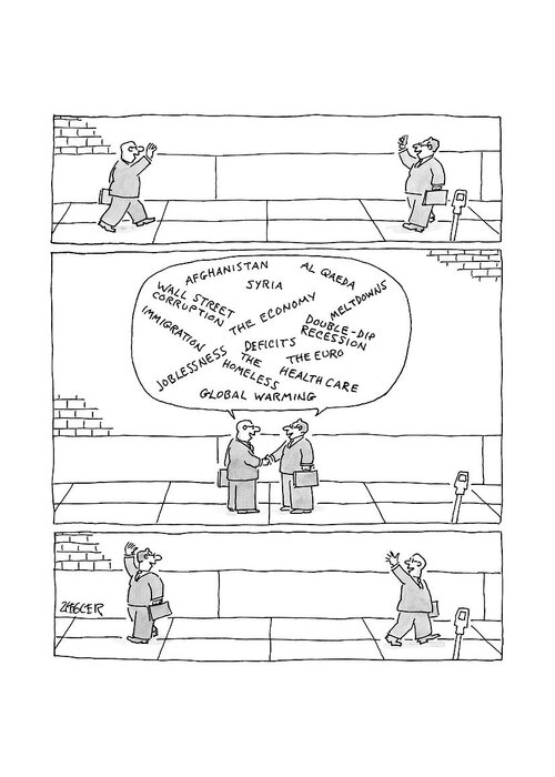 Street Scenes Greeting Card featuring the drawing Three Panels. First: Two Businessmen Greet Each by Jack Ziegler
