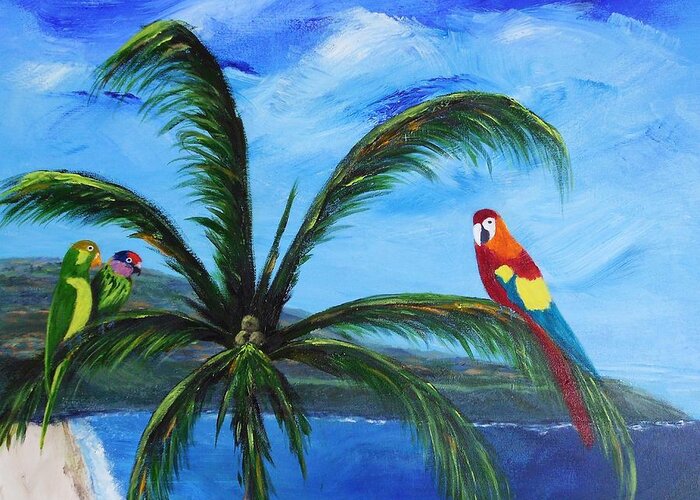 Sand Greeting Card featuring the painting Three Parrots by Jamie Frier