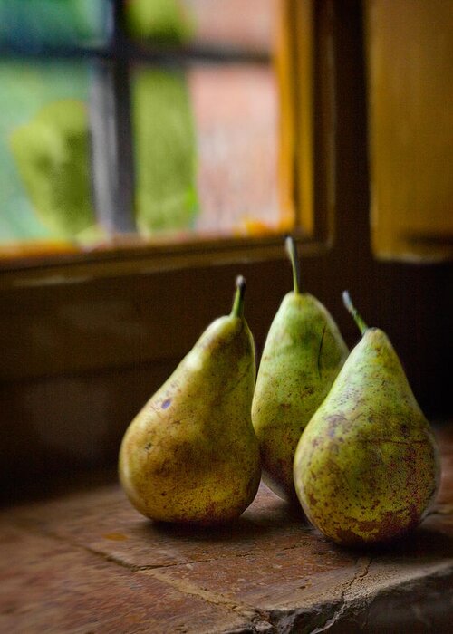 Pears Still Life Art Photography Greeting Card featuring the photograph Three Pears in the Window by Bob Coates