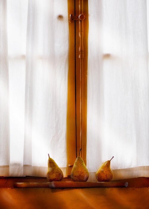 Pears On Italian Window Sill Still Life Art Print Greeting Card featuring the photograph Three Pears Sheer Curtain by Bob Coates