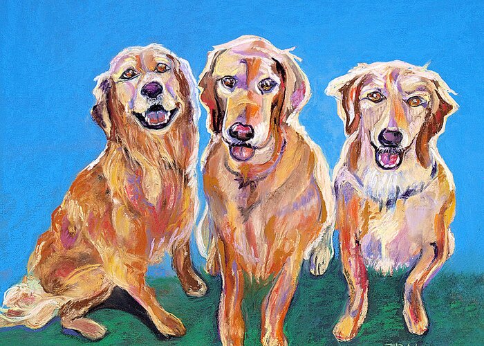 Golden Retrievers Greeting Card featuring the pastel Three Playful Goldens by Julie Maas