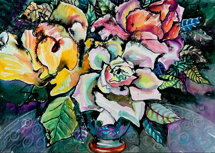 Still Life Greeting Card featuring the painting Three Roses by Yelena Tylkina