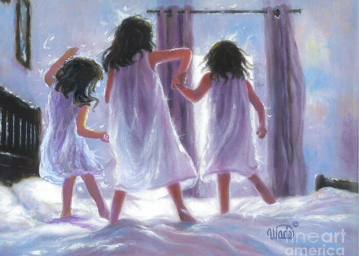 Three Sisters Jumping on the Bed Greeting Card by Vickie Wade