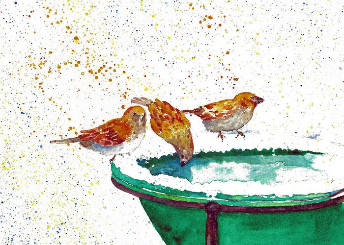 Birds Greeting Card featuring the painting Three Sparrows in Winter by Maureen Moore