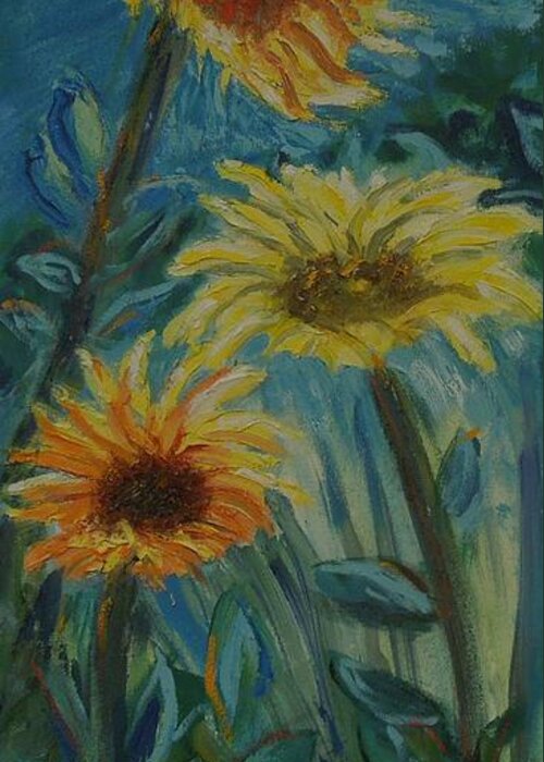 Flowers Greeting Card featuring the painting Three Sunflowers - Sold by Judith Espinoza