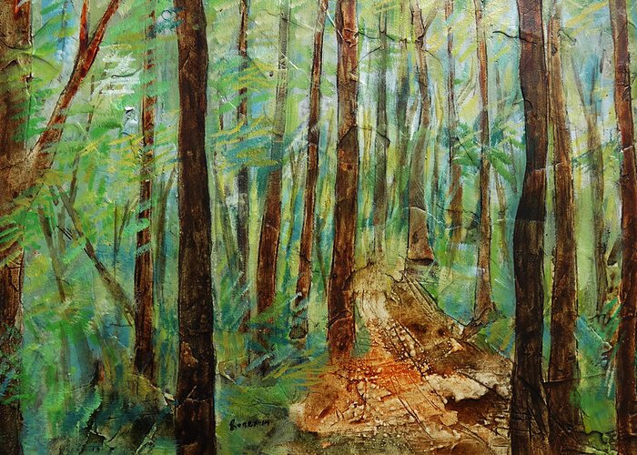 Land Scapes Greeting Card featuring the painting Through The Woods by Ronex Ahimbisibwe