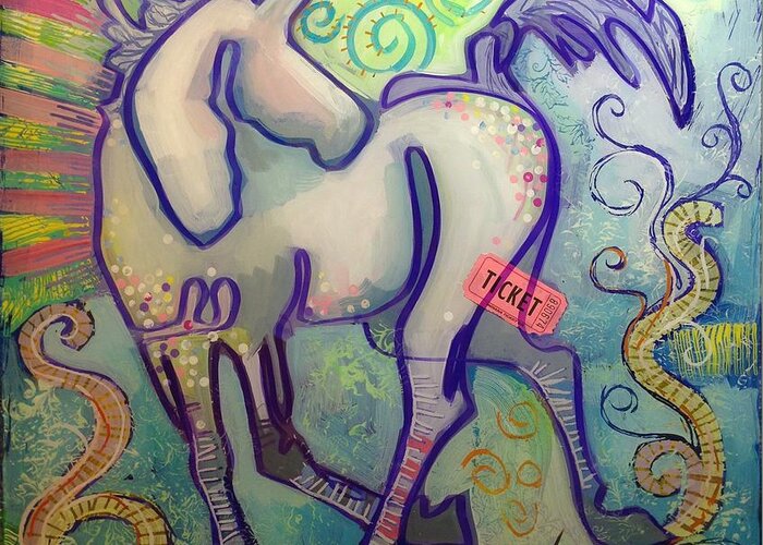 Unicorn Greeting Card featuring the painting Ticket to Anywhere by Kimberly Santini
