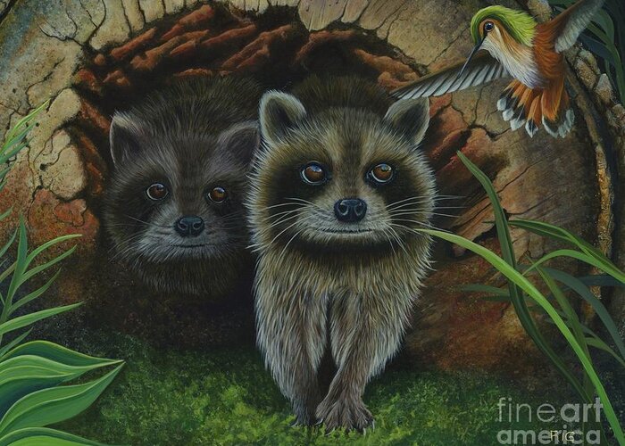 Hummingbird Greeting Card featuring the painting Tiffany and Raccoons by Rosellen Westerhoff
