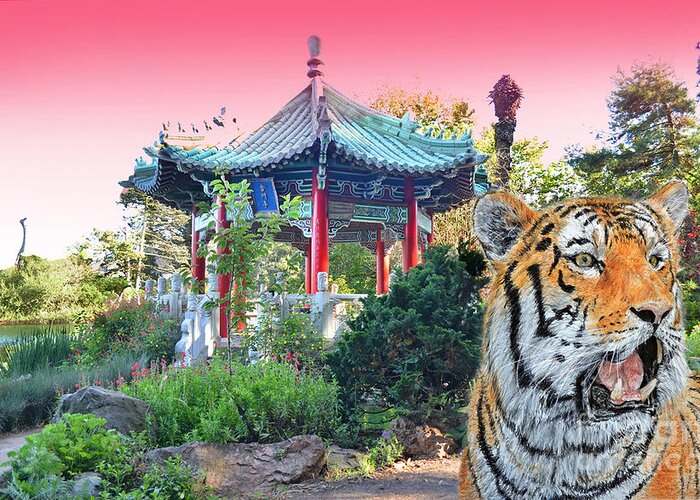 Portrait Of A Tiger Greeting Card featuring the photograph Tiger by a Chinese Pagoda by Jim Fitzpatrick