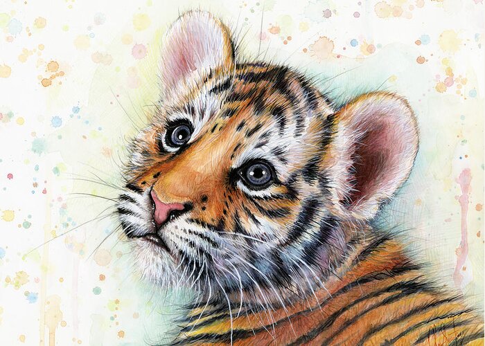 Tiger Greeting Card featuring the painting Tiger Cub Watercolor Art by Olga Shvartsur