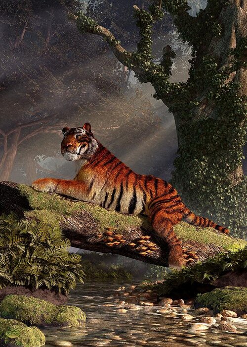 Tiger On A Log Greeting Card featuring the digital art Tiger on a Log by Daniel Eskridge