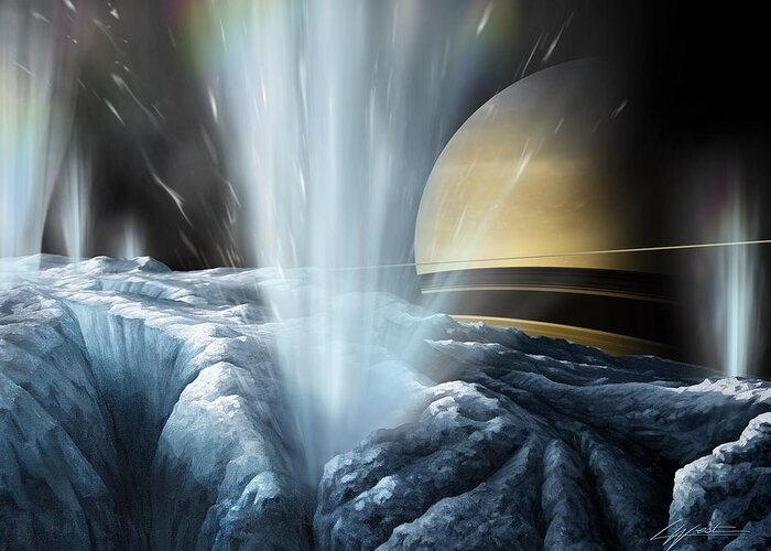 Tiger Stripes Greeting Card featuring the digital art Tiger Stripes The Icy Jets of Enceladus by Lucy West