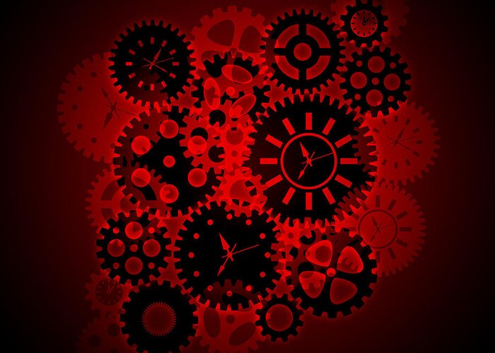 Time Clock Gears Clipart on Red Background Greeting Card by Jit Lim
