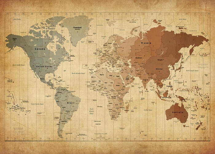 World Map Canvas Greeting Card featuring the digital art Time Zones Map of the World by Michael Tompsett
