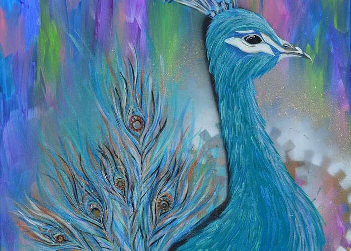 Peacock Greeting Card featuring the mixed media Timeless Beauty by Meganne Peck