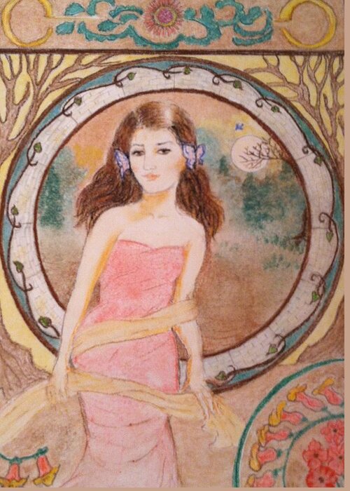 I Was Inspired By Alphonse Mucha's Work. Pastel Portrait Of Woman In Mucha Style. Greeting Card featuring the pastel Tina in Mucha Style by Jami Cirotti