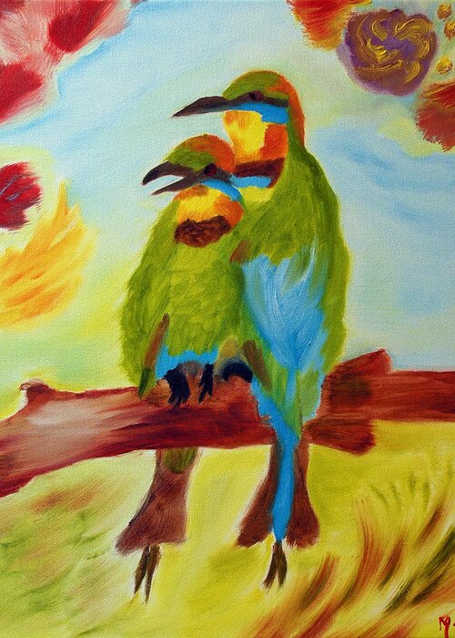 Colorful Birds Greeting Card featuring the painting Together by Meryl Goudey