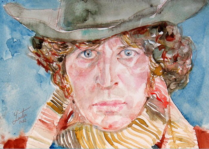 Tom Greeting Card featuring the painting TOM BAKER DOCTOR WHO watercolor portrait by Fabrizio Cassetta
