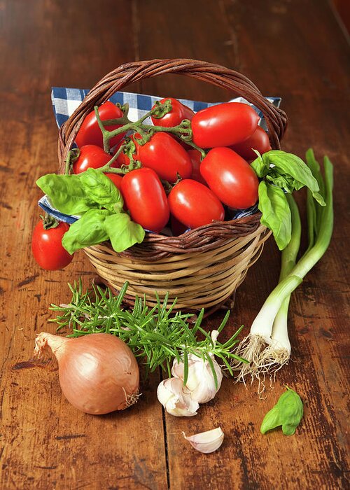 Italian Food Greeting Card featuring the photograph Tomatoes In Basket, Onions, Rosemary by Ursula Alter