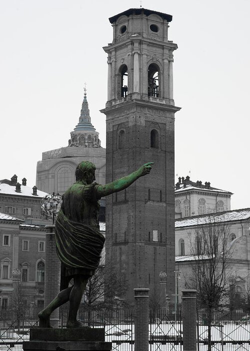 B&w/color Greeting Card featuring the photograph Torino Statue by Sonny Marcyan