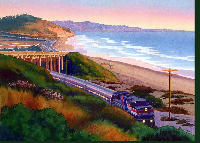 Torrey Pines Greeting Card featuring the painting Torrey Pines Commute by Mary Helmreich