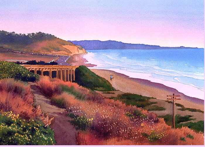 Torrey Pines Greeting Card featuring the painting Torrey Pines Dusk by Mary Helmreich