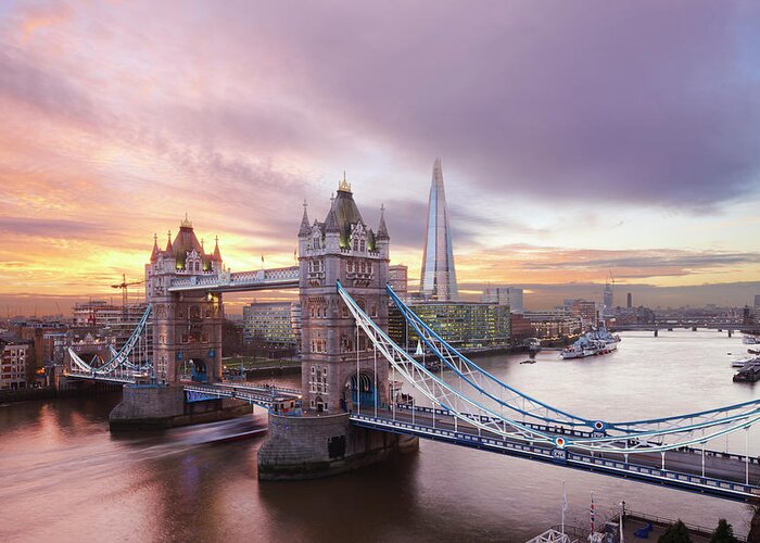 Tourboat Greeting Card featuring the photograph Tower Bridge And The Shard At Sunset by Laurie Noble