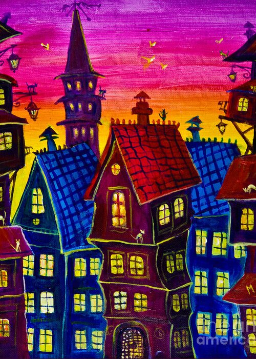 Twilight Town Greeting Card featuring the painting Town at twilight by Maxim Komissarchik