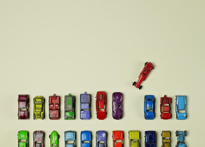 In A Row Greeting Card featuring the digital art Toy Cars by Juj Winn