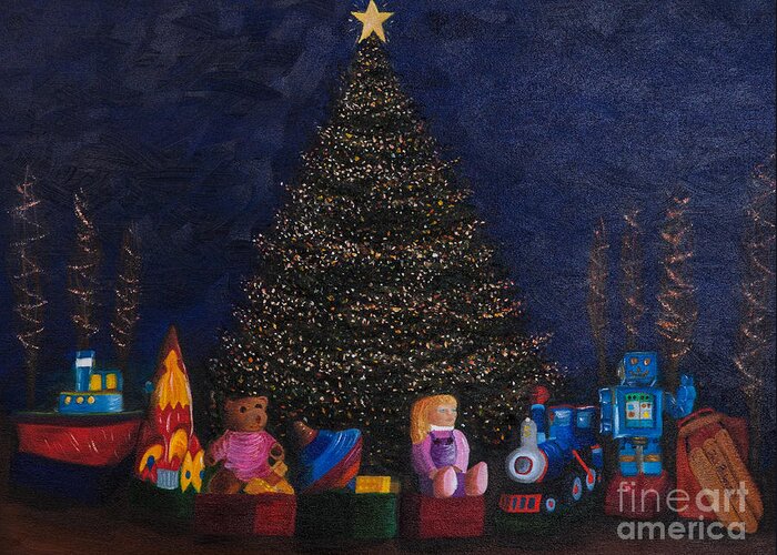 Decorated Large Christmas Tree Surounded With Oversized Toys Aga Greeting Card featuring the painting Christmas Toys by Iris Richardson