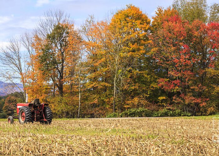 Autumn Greeting Card featuring the photograph Tractor in Autumn New England field by Ken Brown
