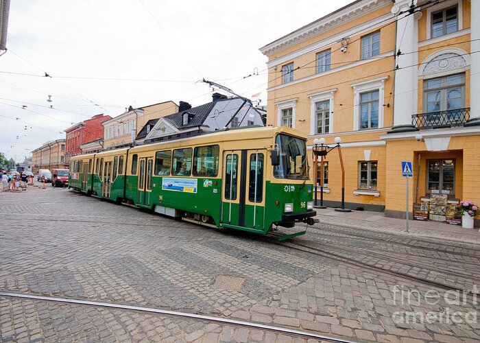 Street Car Greeting Card featuring the photograph Tram on Helsinki Street by Thomas Marchessault