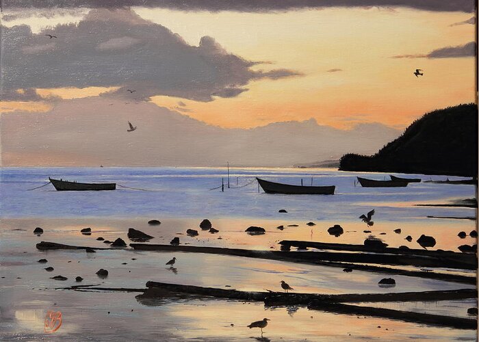 Seascape Greeting Card featuring the painting Tranquil Dawn by Glenn Beasley