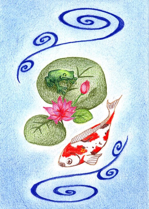 Koi Pond Greeting Card featuring the drawing Tranquility by Keiko Katsuta