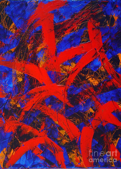 Blue Greeting Card featuring the painting Transitions with Blue and Red by Dean Triolo