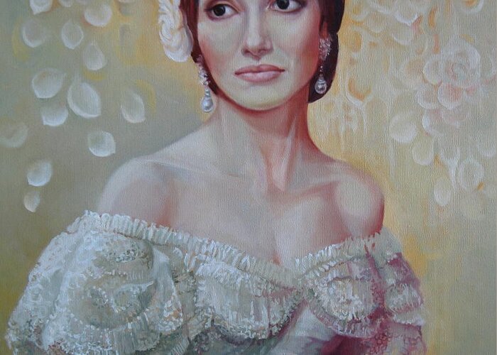 Woman Greeting Card featuring the painting Traviata by Elena Oleniuc