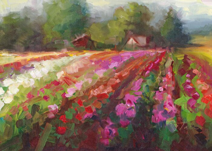 Dahlia Greeting Card featuring the painting Trespassing Dahlia field landscape by Talya Johnson