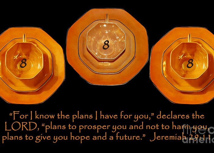 Master Numbers Greeting Card featuring the photograph Triple Eight Octagon Saucers with Jeremiah Twenty Nine Eleven on Black by Heather Kirk