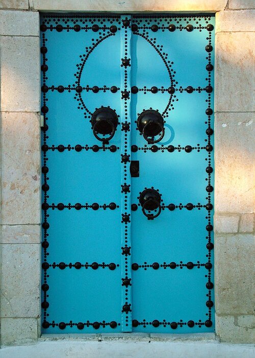 Sidi Bou Said Greeting Card featuring the photograph Triple Knocker Door by Donna Corless