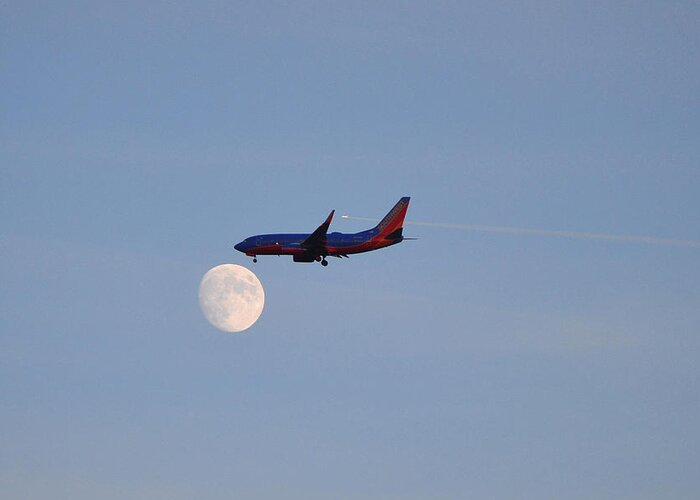 Moon Greeting Card featuring the photograph Southwest Airlines Flies To The Moon by Kelly Reber