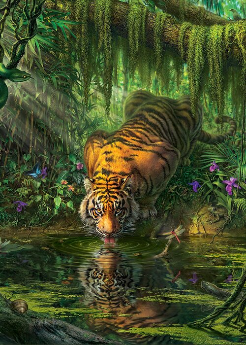 Bambootiger Dragonfly Butterfly Bengal Tiger India Rainforest Junglefredrickson Snail Water Lily Orchid Flowers Vines Snake Viper Pit Viper Frog Toad Palms Pond River Moss Tiger Paintings Jungle Tigers Tiger Art Greeting Card featuring the digital art Aurora's Garden by Mark Fredrickson