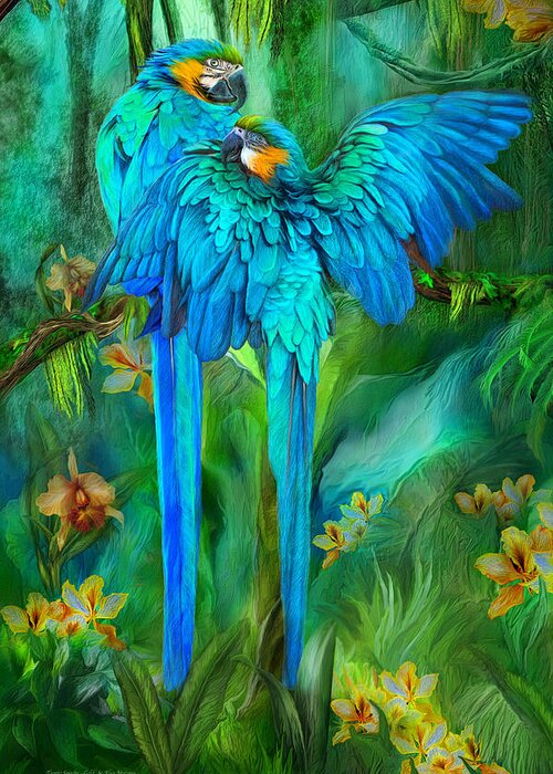 Macaw Greeting Card featuring the mixed media Tropic Spirits - Gold and Blue Macaws by Carol Cavalaris