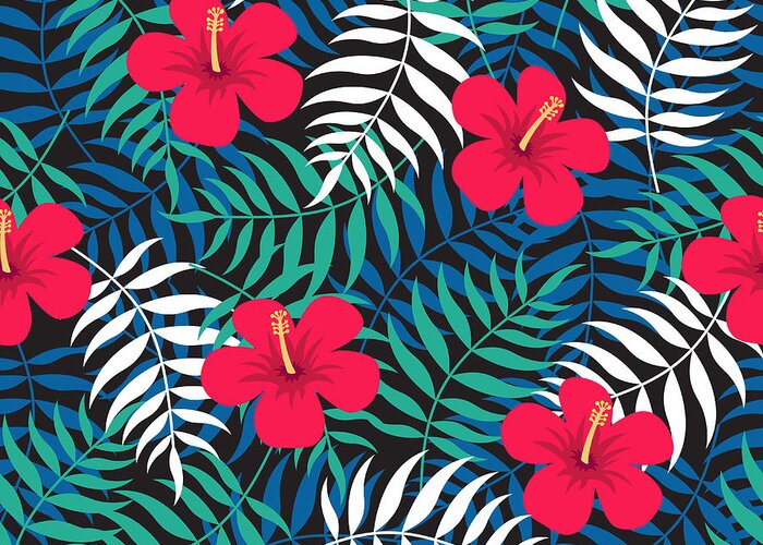 Art Greeting Card featuring the digital art Tropical Floral Seamless Pattern With by Ekaterina Bedoeva