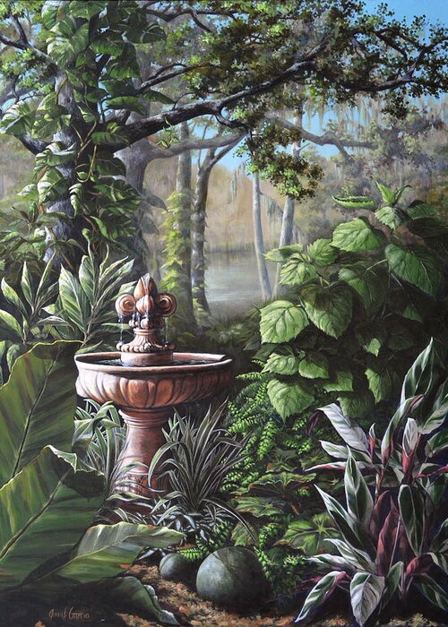 Garden Greeting Card featuring the painting Florida Tropical Garden by Joan Garcia