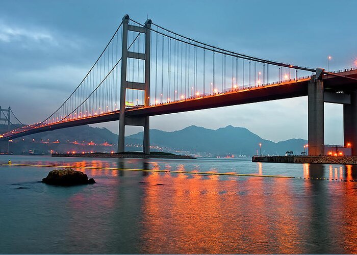 Suspension Bridge Greeting Card featuring the photograph Tsing Ma Bridge by Wsboon Images