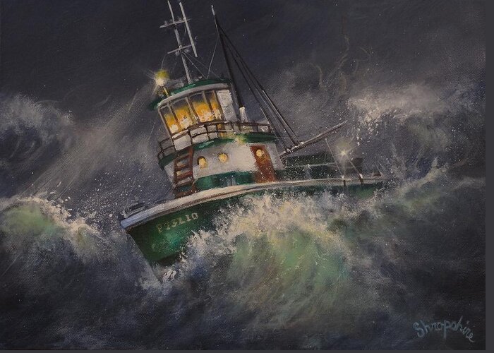  Boat Floundering Greeting Card featuring the painting Tugboat in Trouble by Tom Shropshire