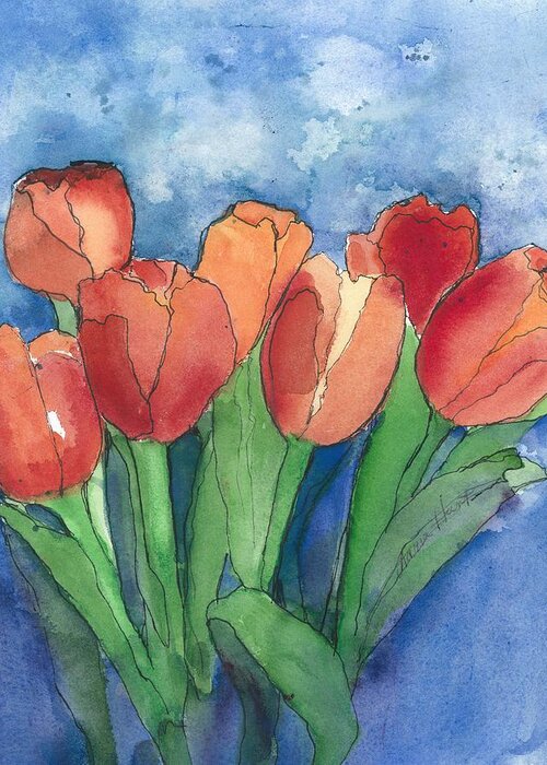 Red And Orange Tulips Greeting Card featuring the painting Tulips After the Rain by Maria Hunt