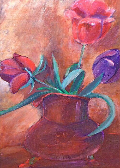 Bettye Harwell Flowers Greeting Card featuring the painting Tulips in Pitcher by Bettye Harwell